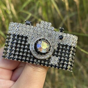Vintage Dorothy Bauer 3D Camera Brooch Rhinestone Black Clear Signed 2.25”